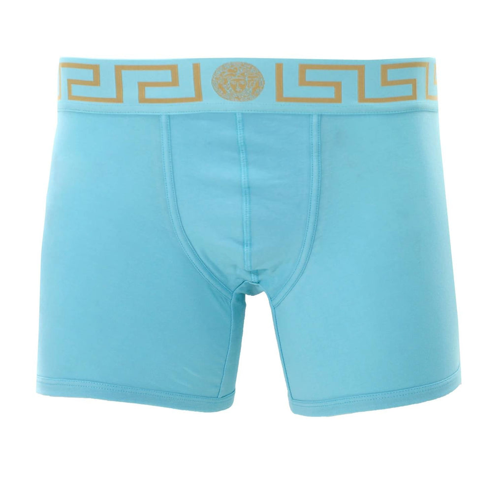 Men's Long Trunk With Greca Border In Light Blue/gold