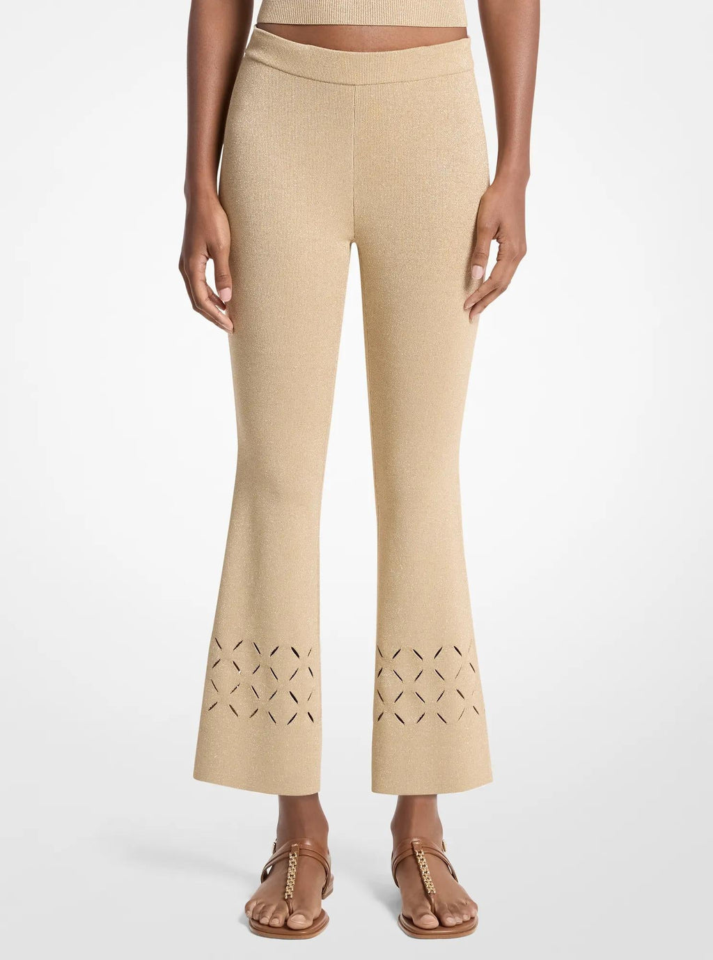 Laser Cut Metallic Stretch Knit Cropped Pants