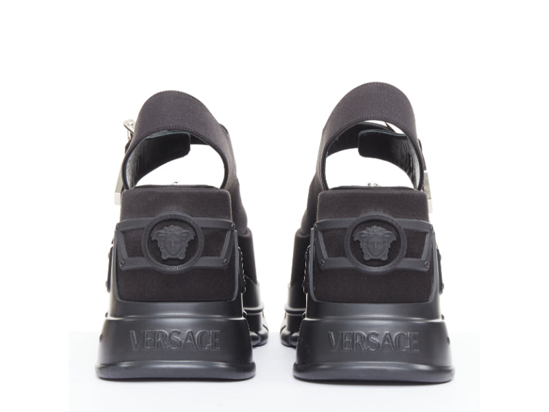 Versace Black satin silk silver Medusa sandals