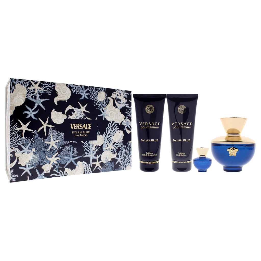 Dylan Blue by Versace for Women - 4 Pc Gift Set 3.4oz EDP Spray, 0.17oz EDP Splash (Mini), 3.4oz Body Lotion, 3.4oz Bath and Shower Gel