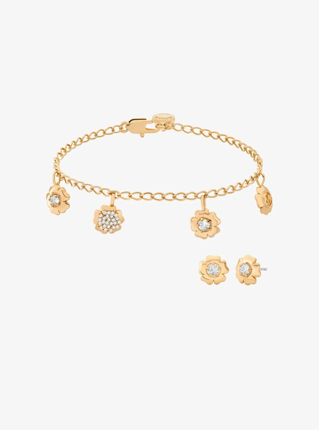 Pavé Flower Charm Bracelet and Stud Earrings Jewelry Set
