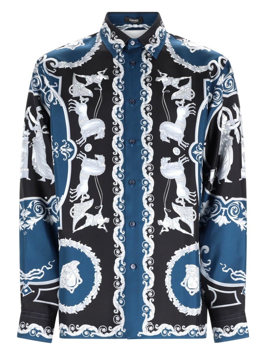 Deep Blue Baroque Motif Printed Silk Shirt