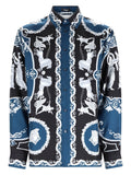 Deep Blue Baroque Motif Printed Silk Shirt