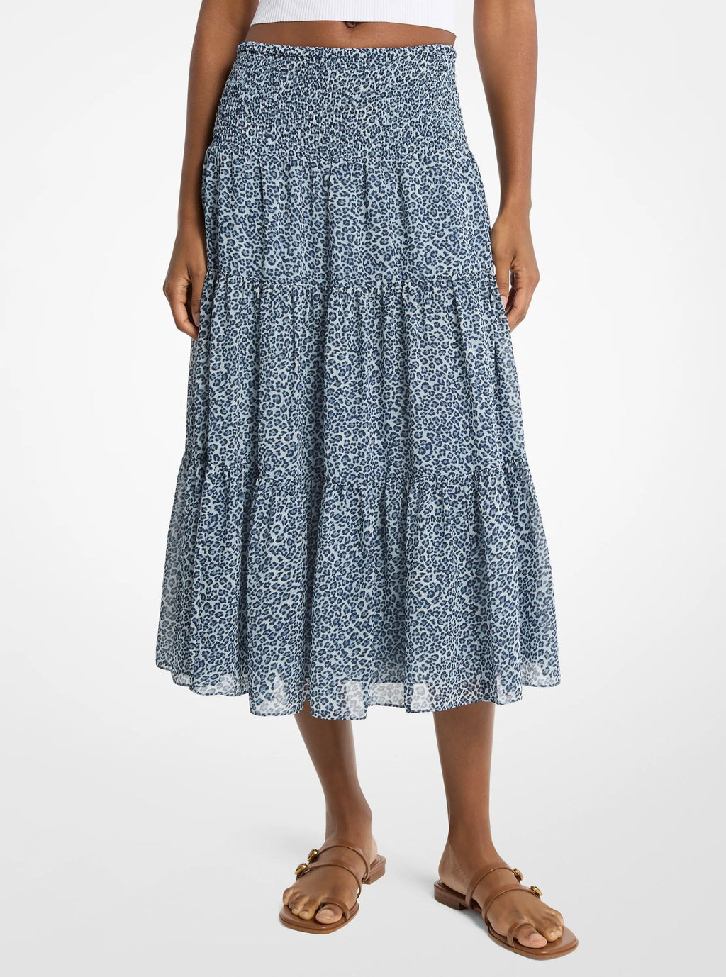 Leopard Print Georgette Tiered Midi Skirt