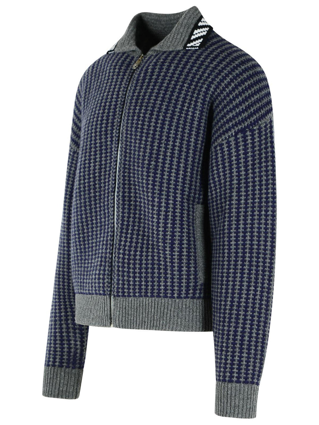 Blue Grey Shirt Collar Knit Zip-Through Knit