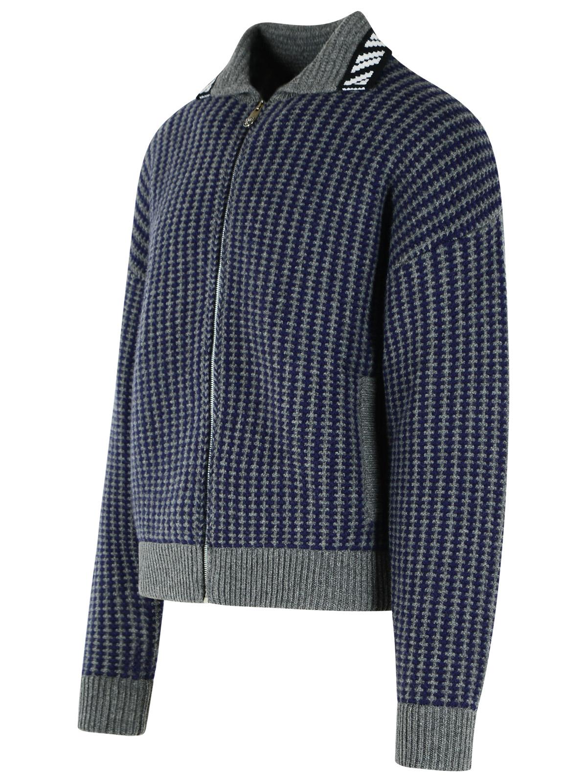 Blue Grey Shirt Collar Knit Zip-Through Knit