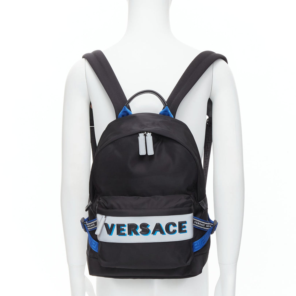 VERSACE Reflective Logo black nylon blue Greca nylon strap backpack