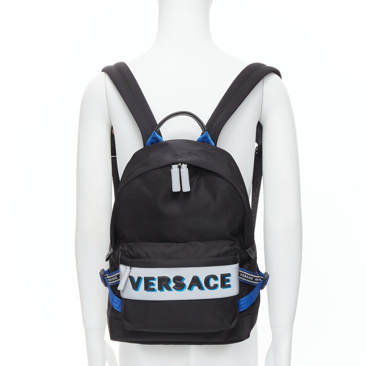 VERSACE Reflective Logo black nylon blue Greca nylon strap backpack