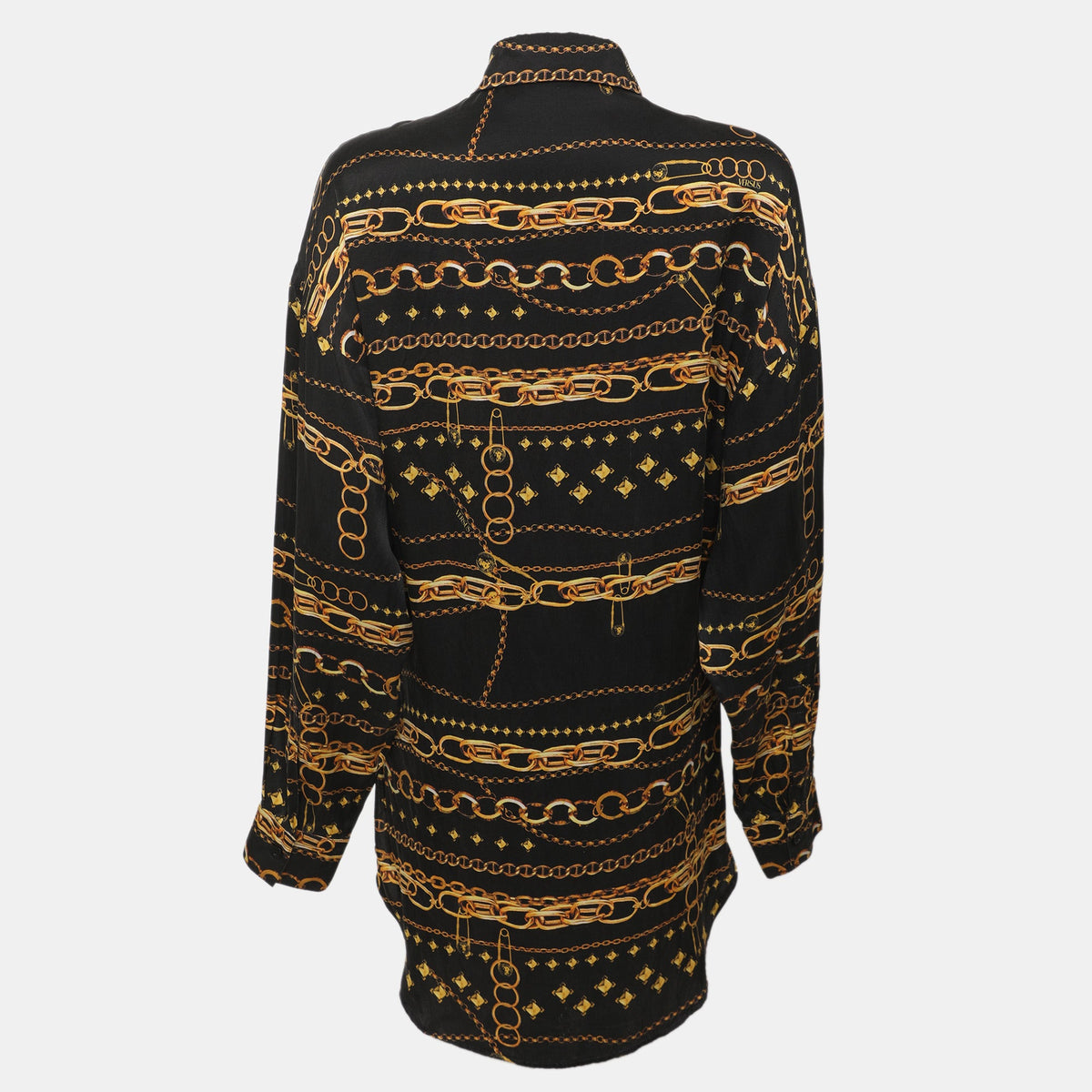 Versus Versace Black Chain Link Printed Silk Satin Long Sleeve Shirt