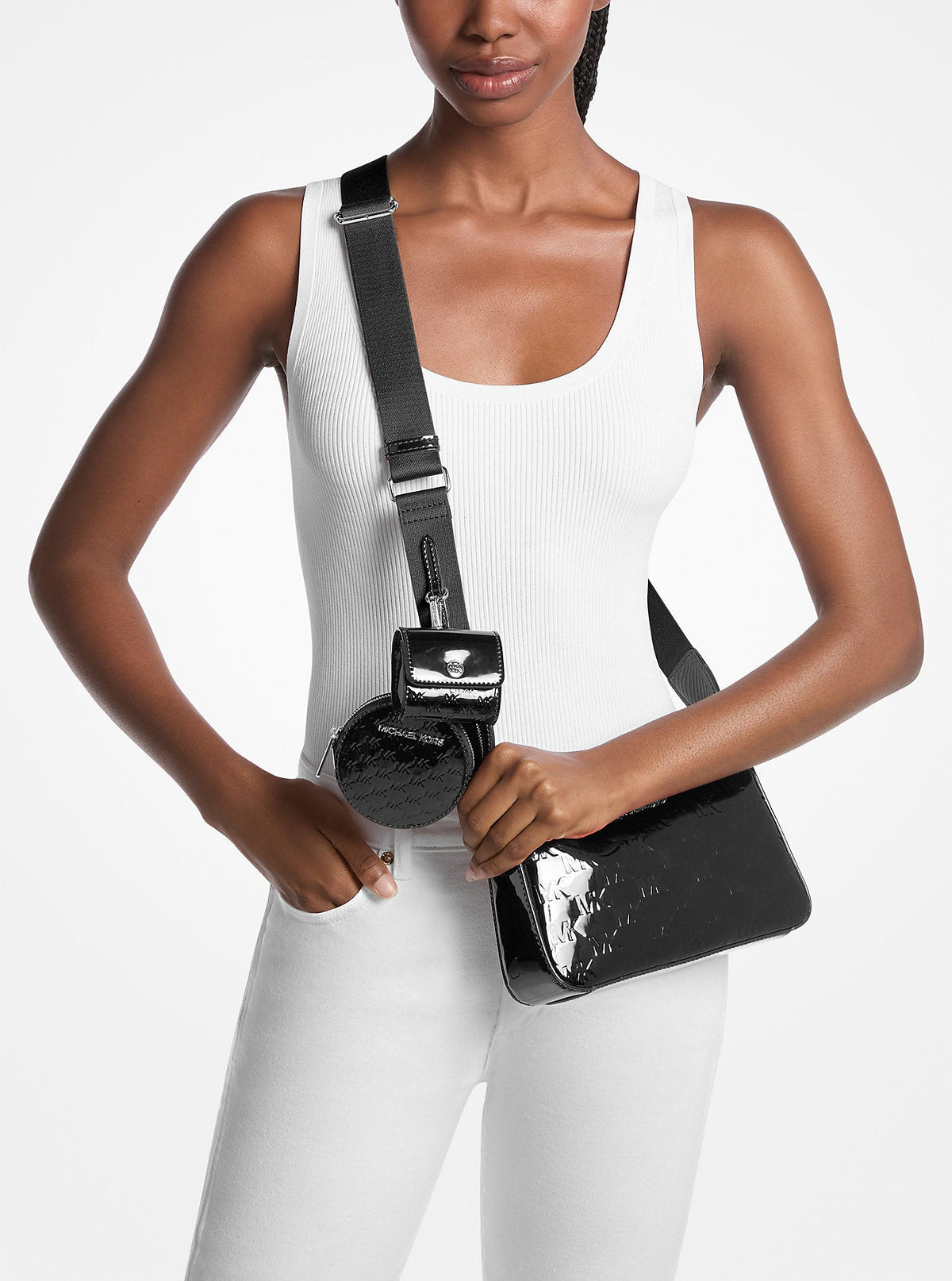 Jet Set Small Patent Logo Debossed Crossbody Bag with Case for Apple Airpods Pro