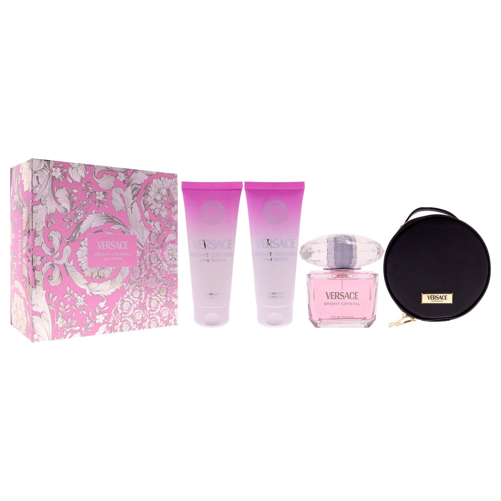 Versace Bright Crystal by Versace for Women - 4 Pc Gift Set 3oz EDT Spray, 3.4oz Body Lotion, 3.4oz Shower Gel, Round Make Up Case