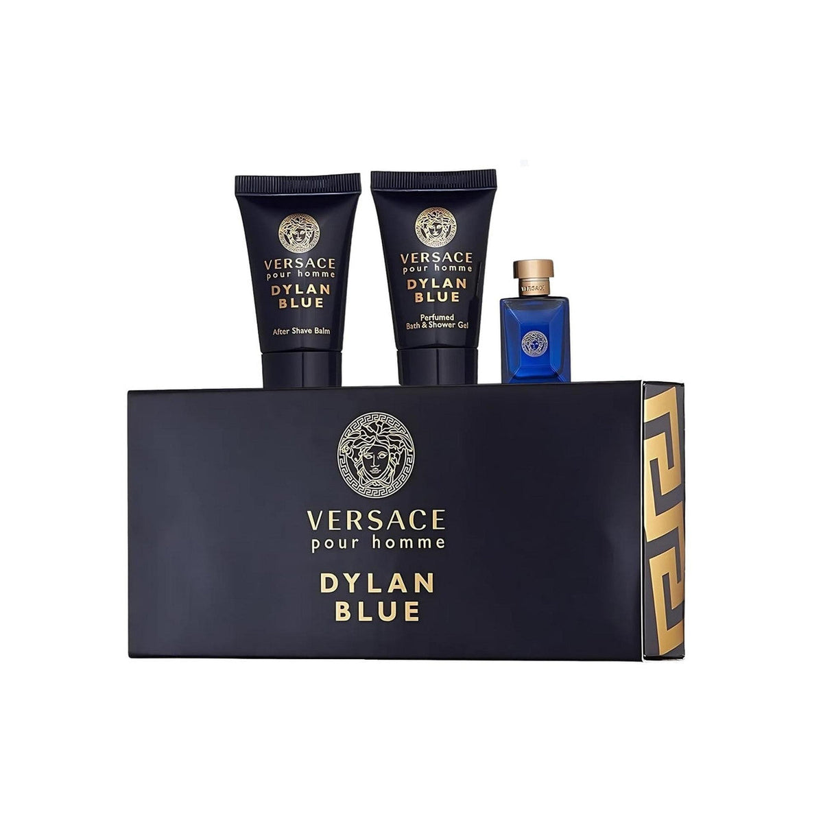 Versace Dylan Blue 3 Pcs Set For Men: 5 Ml Eau De Toilette Mini + 0.8 Shower Gel + 0.8 After Shave Balm