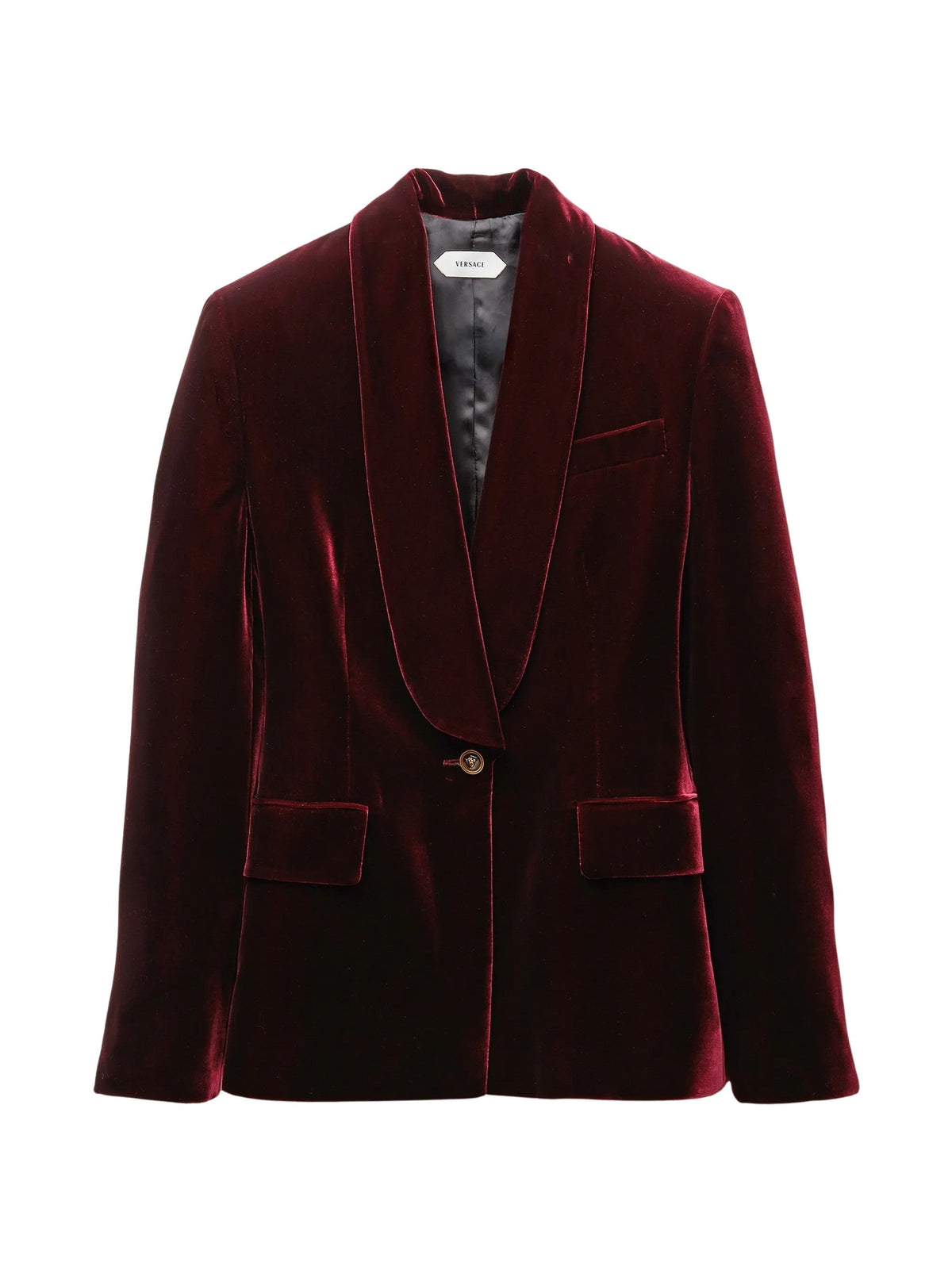 Burgundy Velvet Blazer with Shawl Lapels and Medusa Buttons