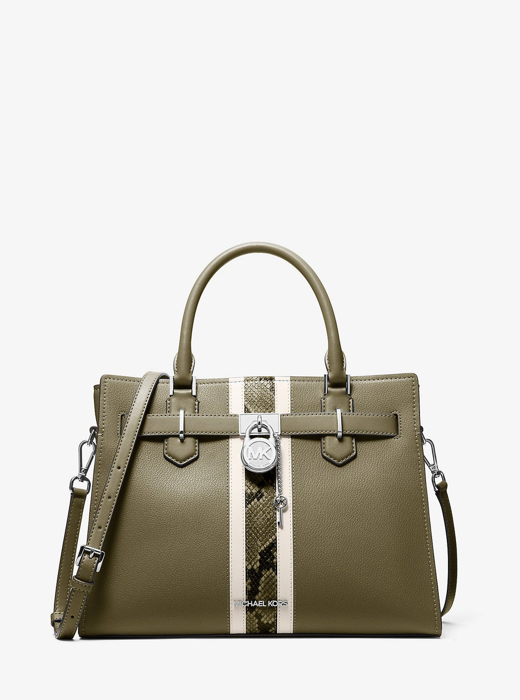 Hamilton Medium Leather and Snake Embossed Stripe Satchel