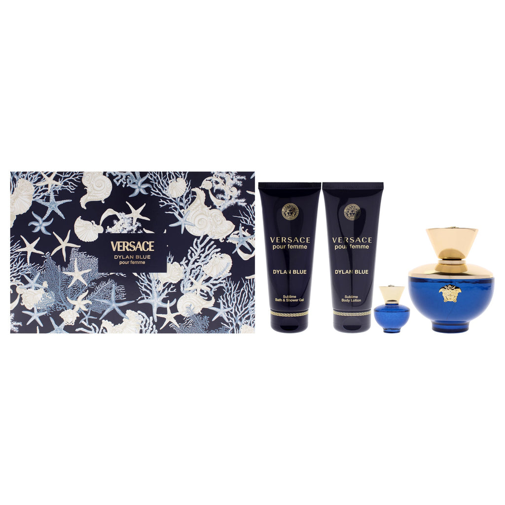 Dylan Blue by Versace for Women - 4 Pc Gift Set 3.4oz EDP Spray, 0.17oz EDP Splash (Mini), 3.4oz Body Lotion, 3.4oz Bath and Shower Gel