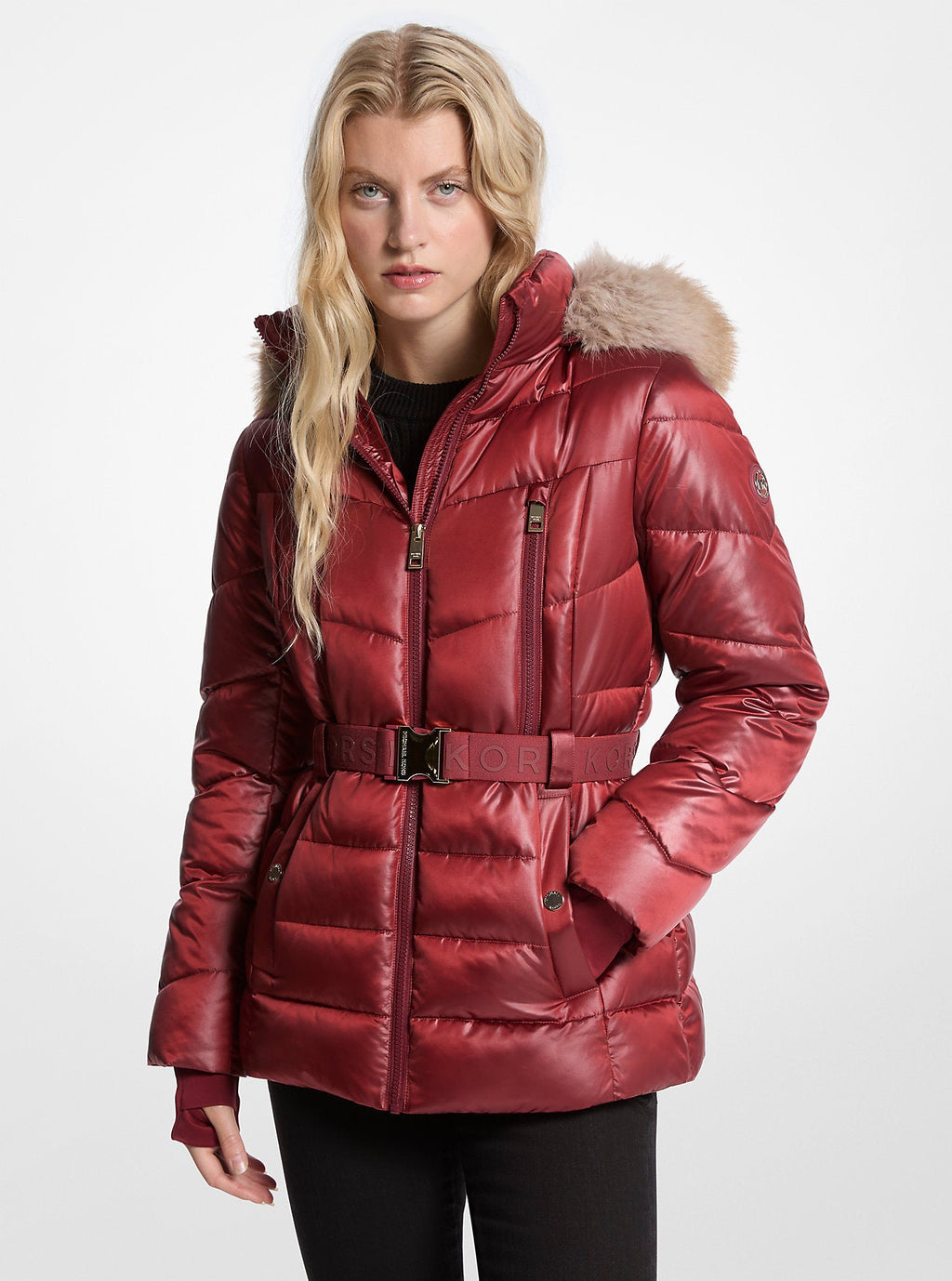 Faux Fur Trim Belted Puffer Jacket