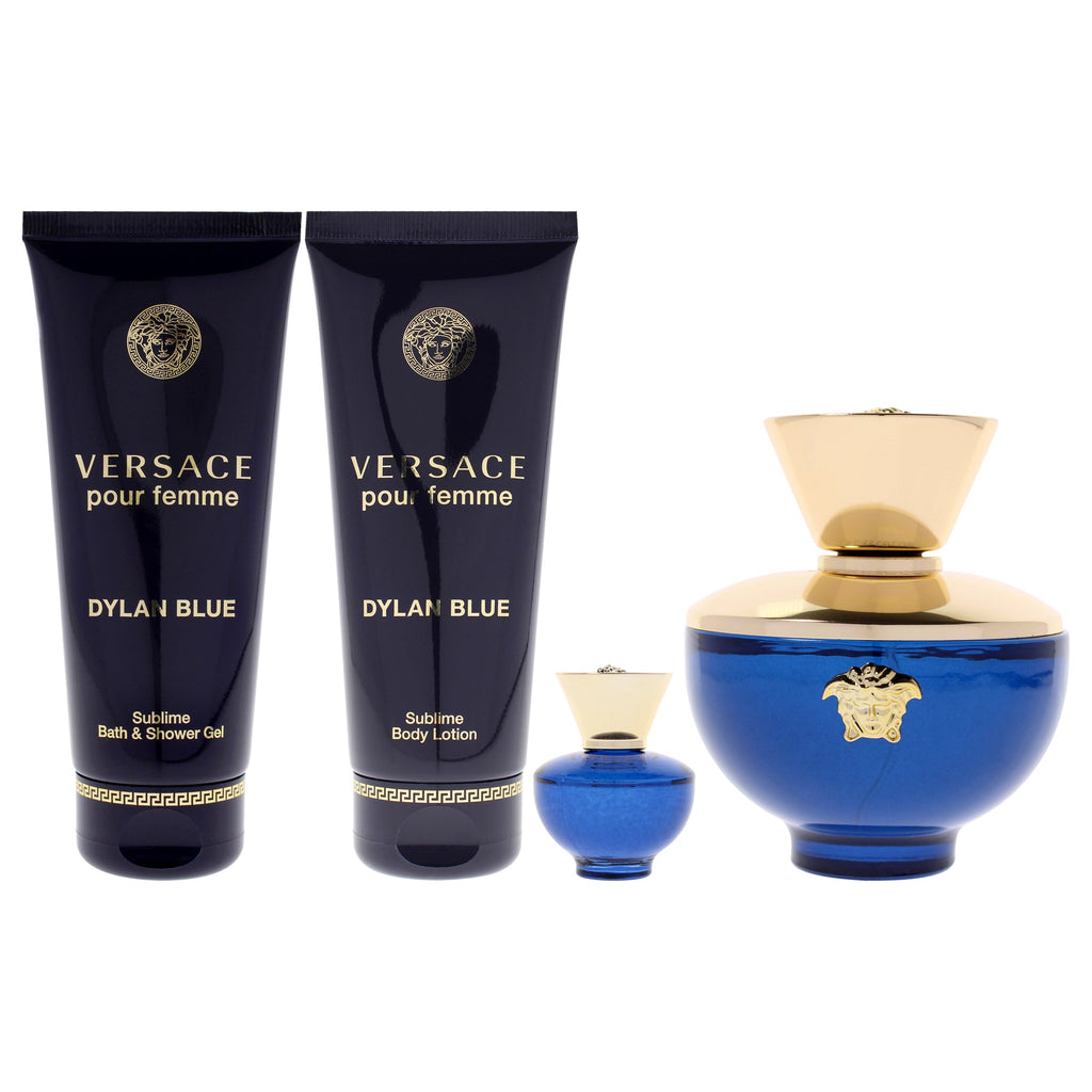 Dylan Blue by Versace for Women - 4 Pc Gift Set 3.4oz EDP Spray, 0.17oz EDP Splash (Mini), 3.4oz Body Lotion, 3.4oz Bath and Shower Gel