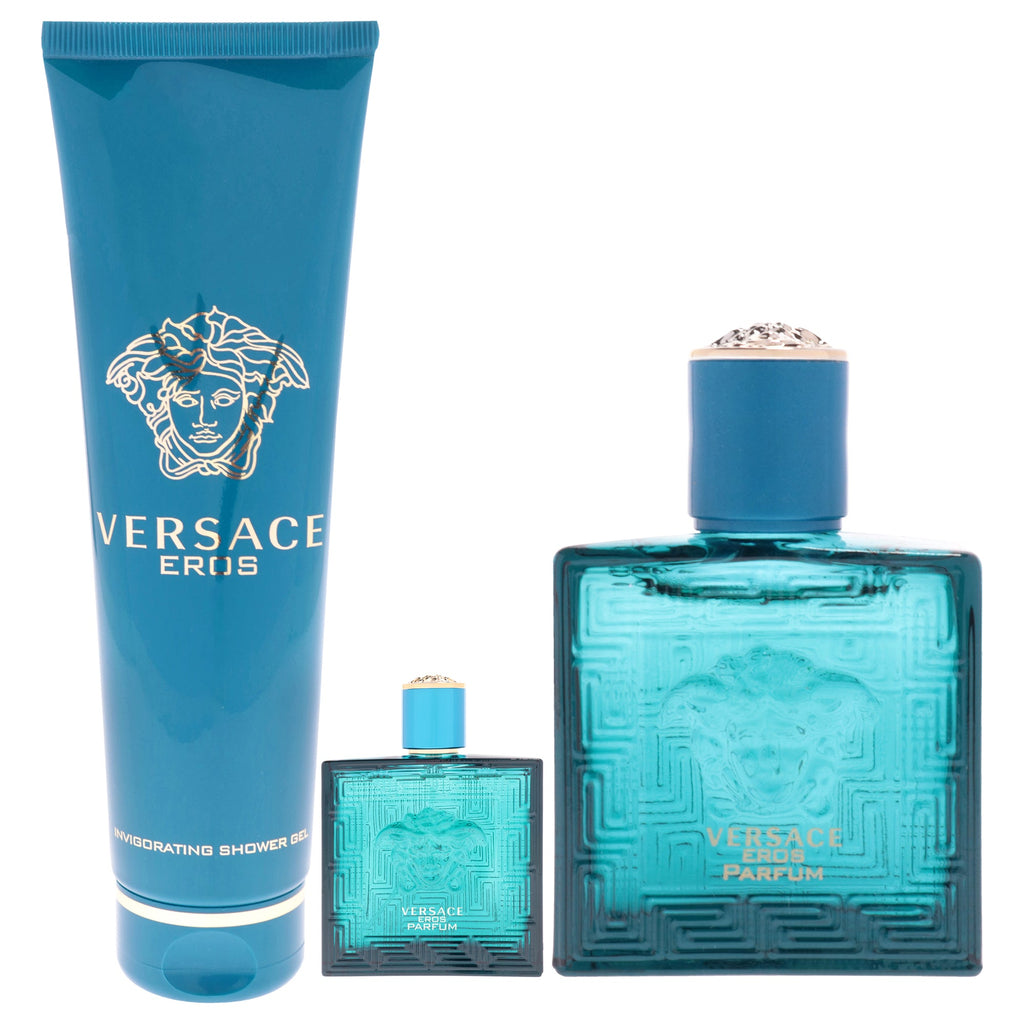 Versace Eros by Versace for Men - 3 Pc Gift Set 3.4oz Parfum Spray, 0.17oz Parfum Spray (Mini), 5oz Shower Gel