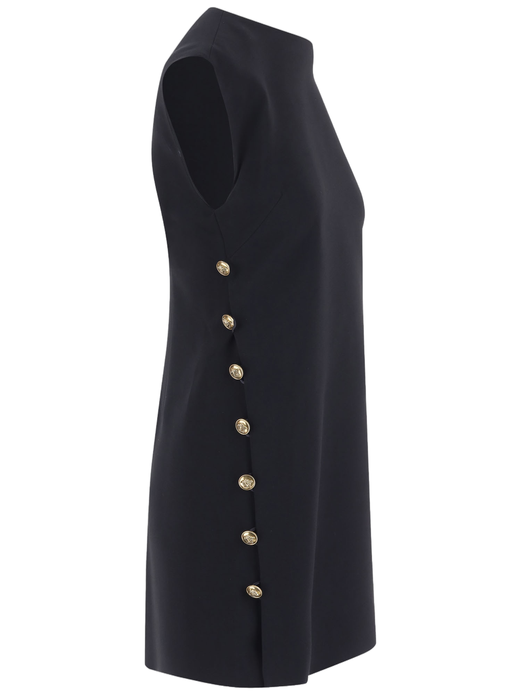 Black Sleeveless Gold Button Stretch Viscose Mini Dress