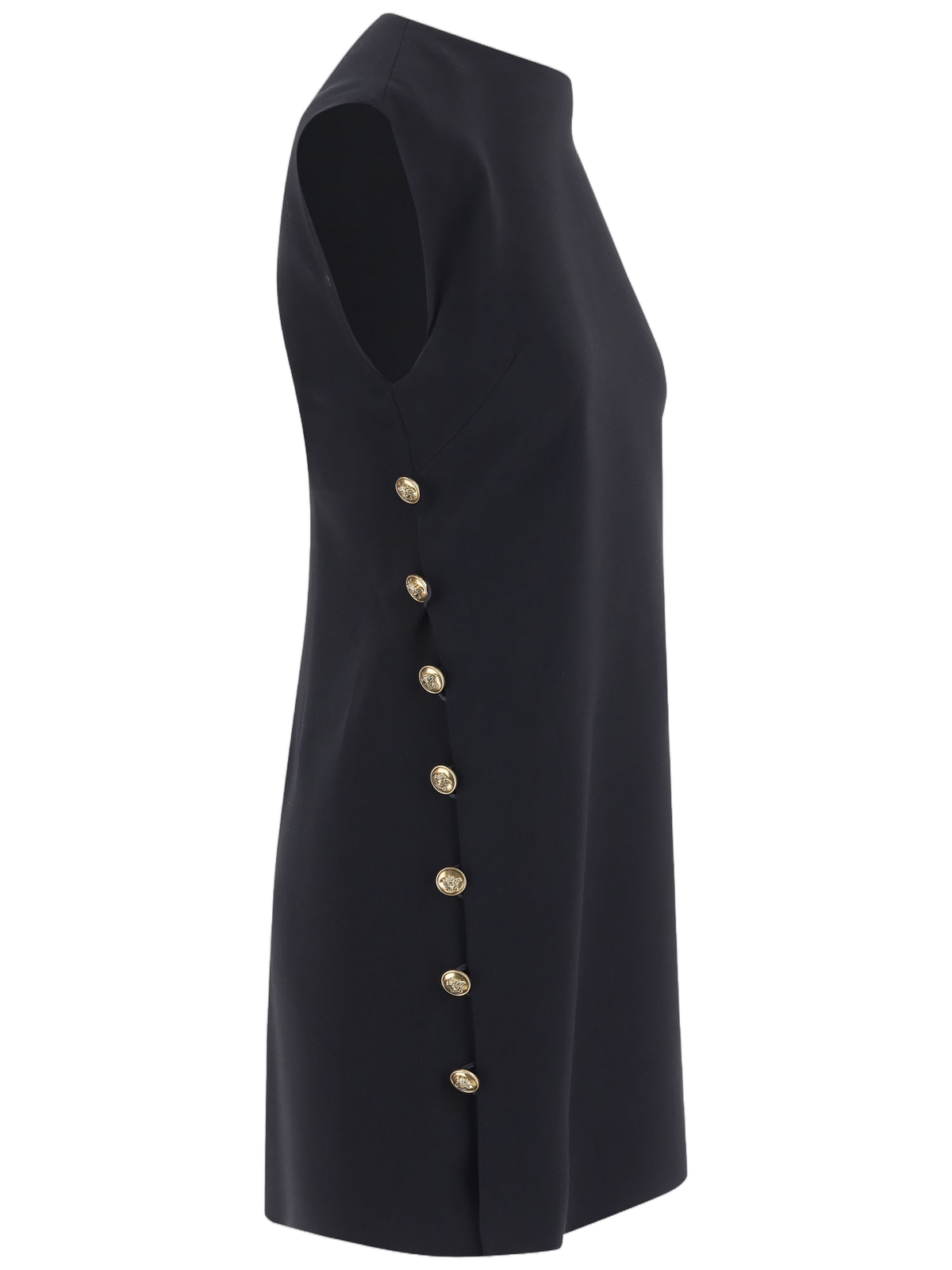 Black Sleeveless Gold Button Stretch Viscose Mini Dress