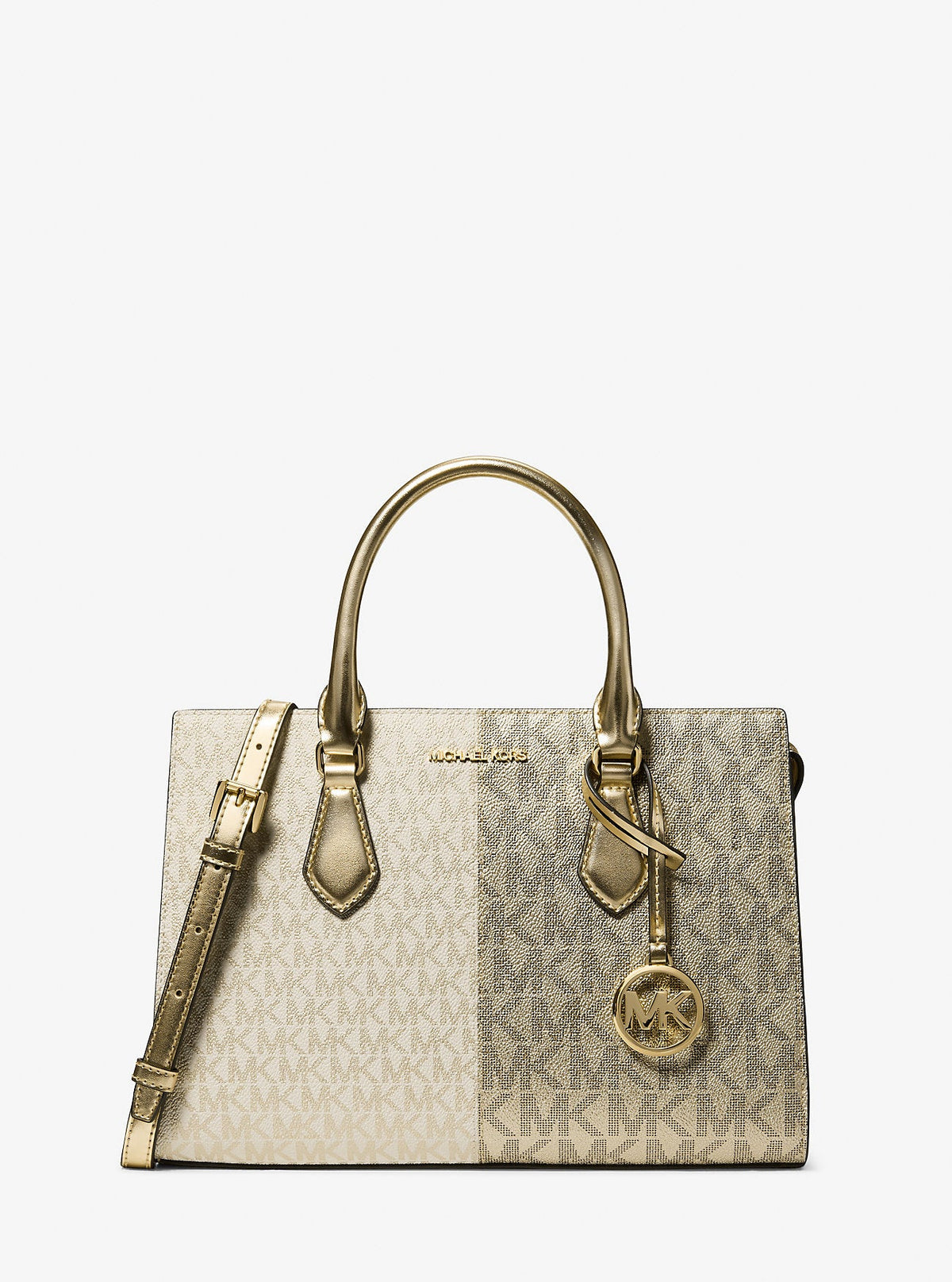 Sheila Medium Two-Tone Metallic Signature Logo Satchel