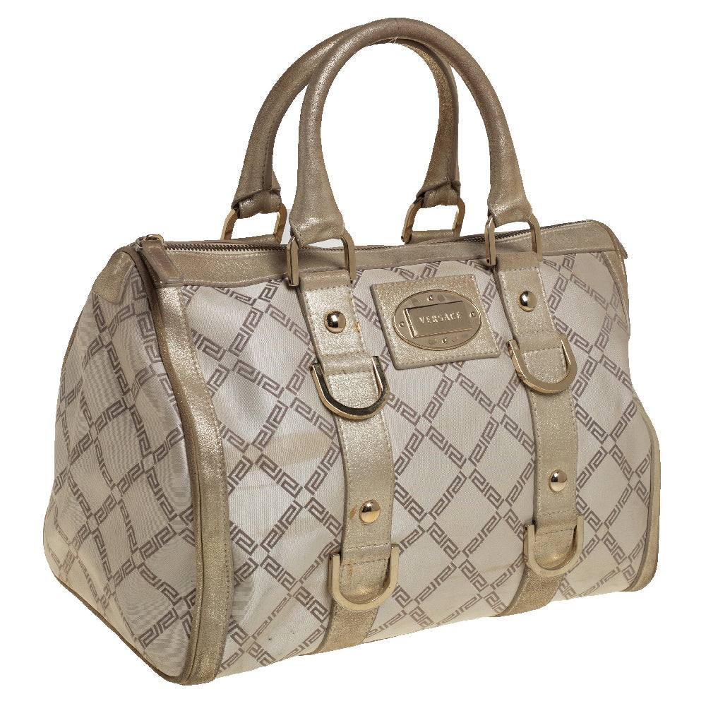 Versace Metallic Gold/cream Signature Canvas And Leather Snap Out Of It Satchel