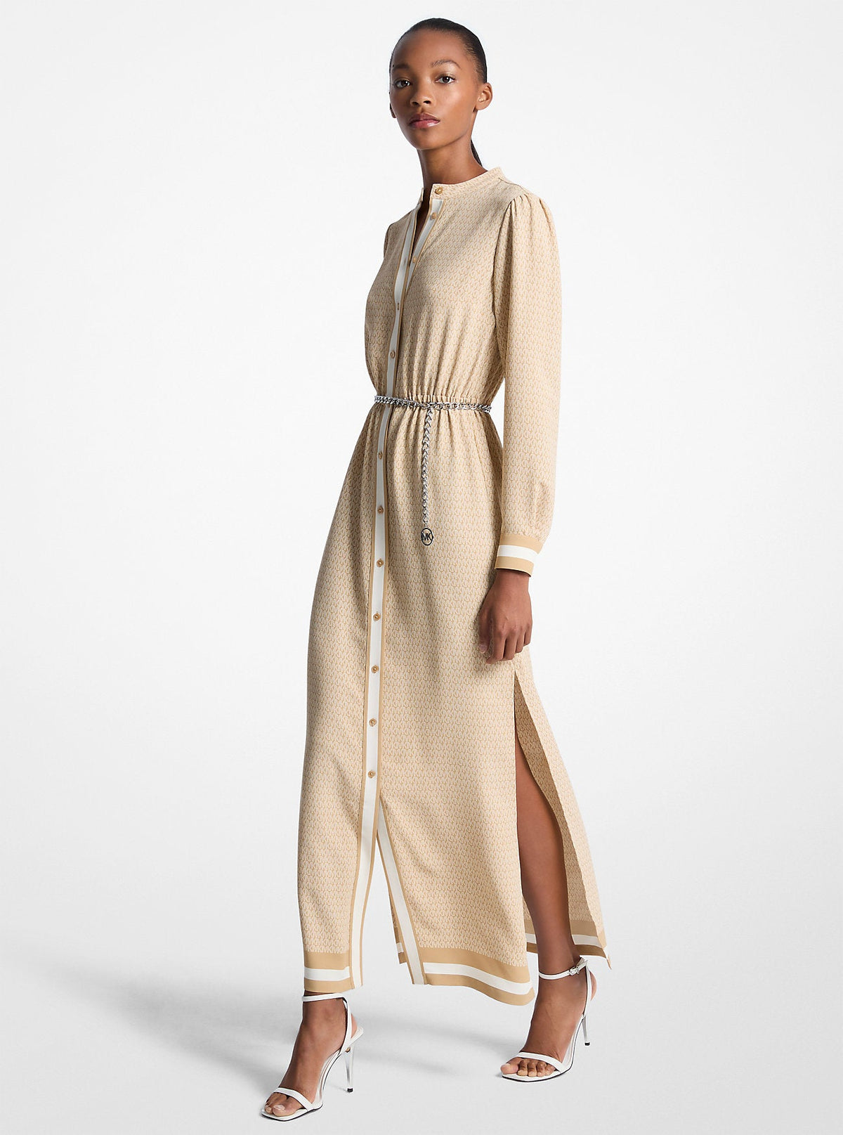 Logo Print Satin Belted Maxi Dress