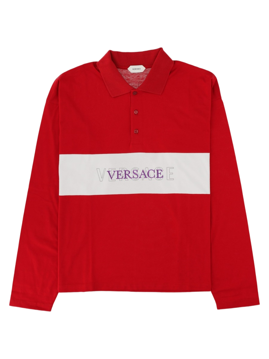 Red Contrasting Stripe Long-Sleeve Cotton Polo Shirt
