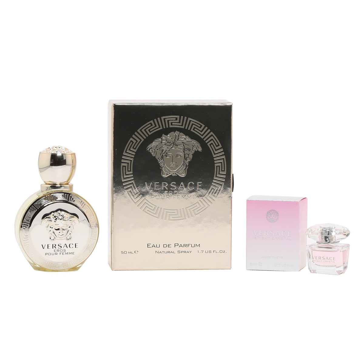 Versace Duo Eros Pour Femme EDP Spray 1.7 oz + Bright Crystal EDT Splash .17 oz