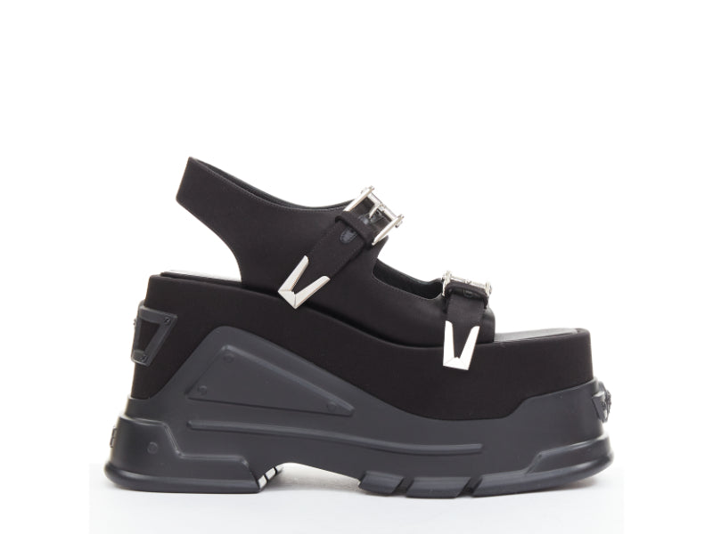Versace Black satin silk silver Medusa sandals