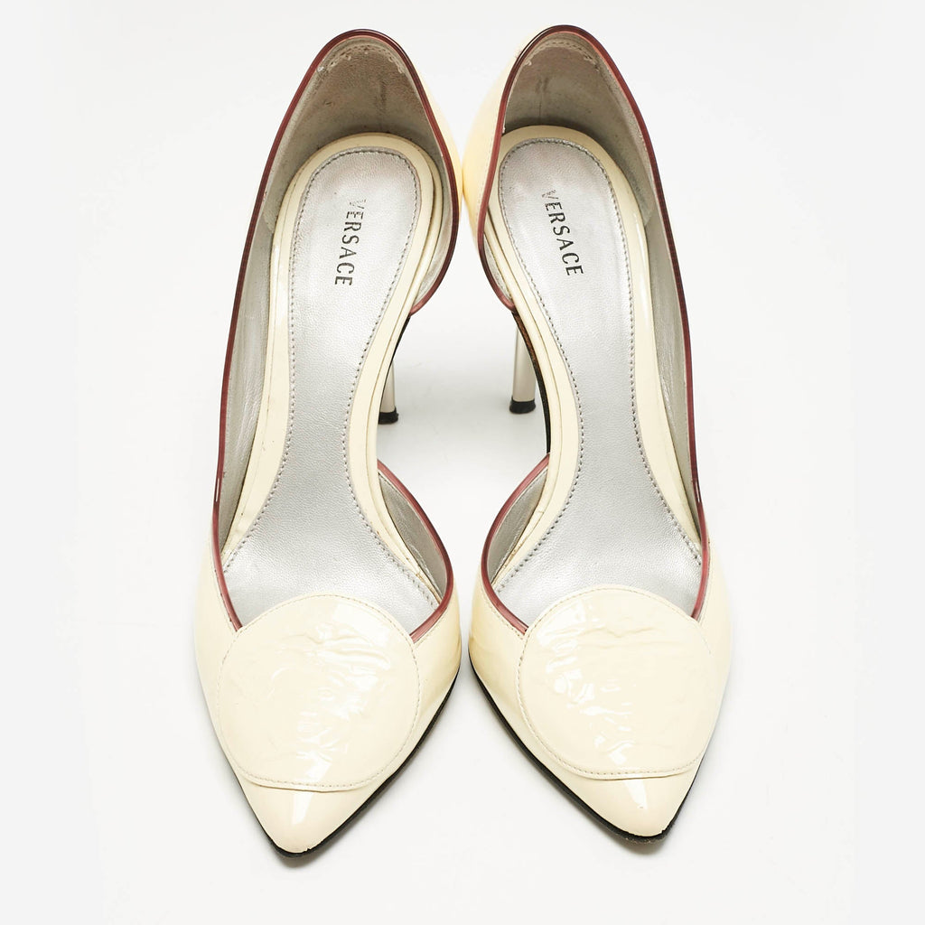 Versace Cream Patent Leather Medusa Pointed Toe D'orsay Pumps