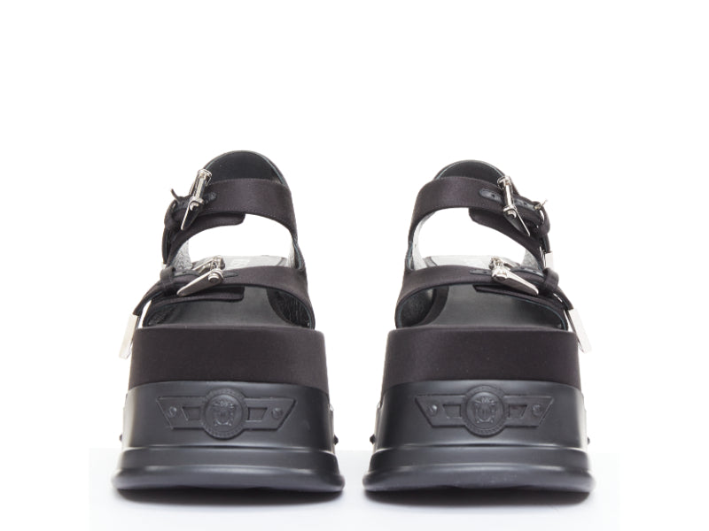 Versace Black satin silk silver Medusa sandals