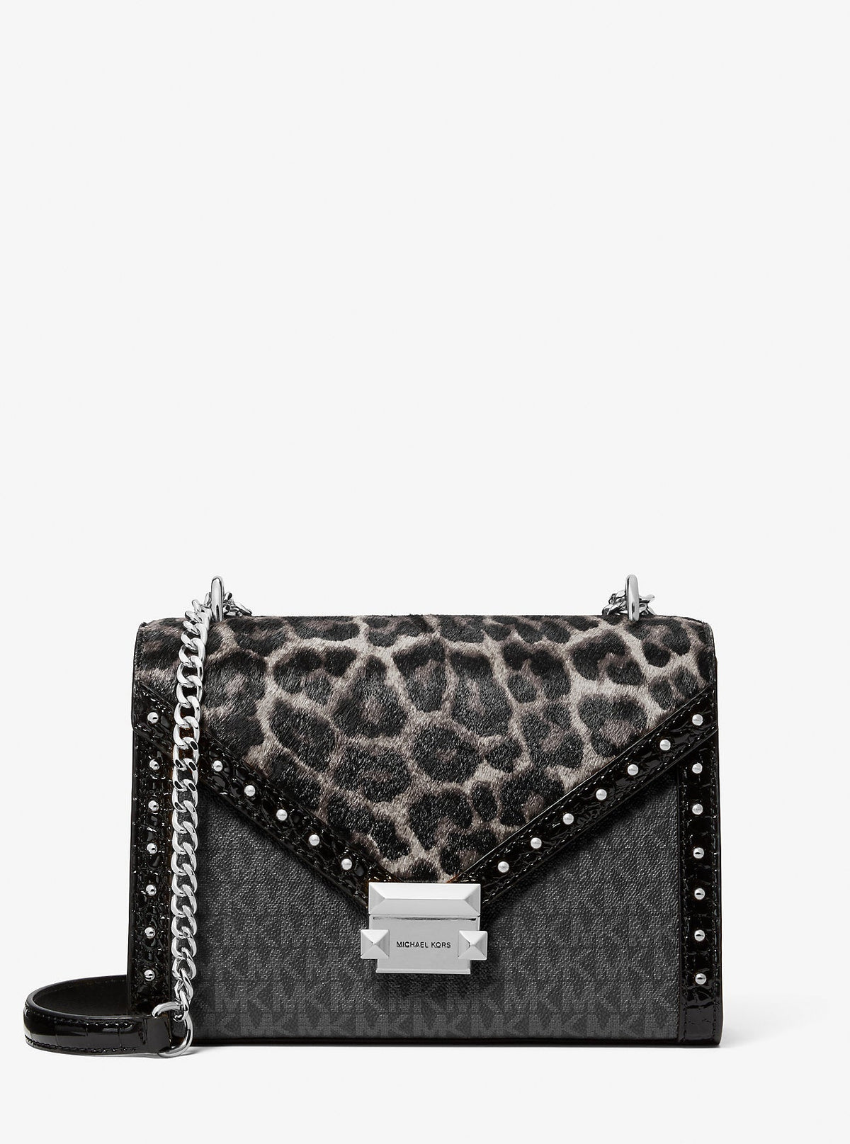 Whitney Medium Signature Logo and Leopard Print Calf Hair Shoulder Bag