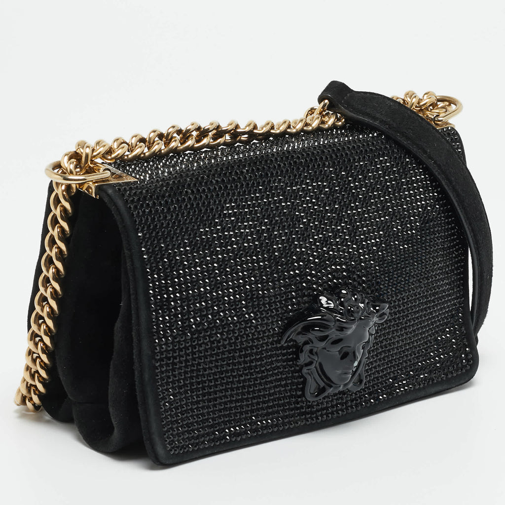 Versace Sultan Medusa Black Crystal Embellished Suede Shoulder Bag