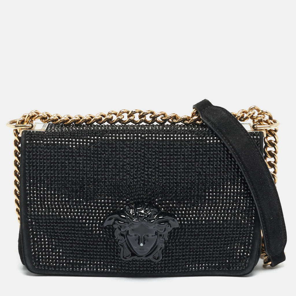 Versace Sultan Medusa Black Crystal Embellished Suede Shoulder Bag