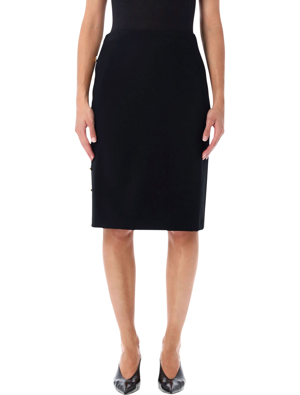 Gold Button Accent Knee-Length Skirt