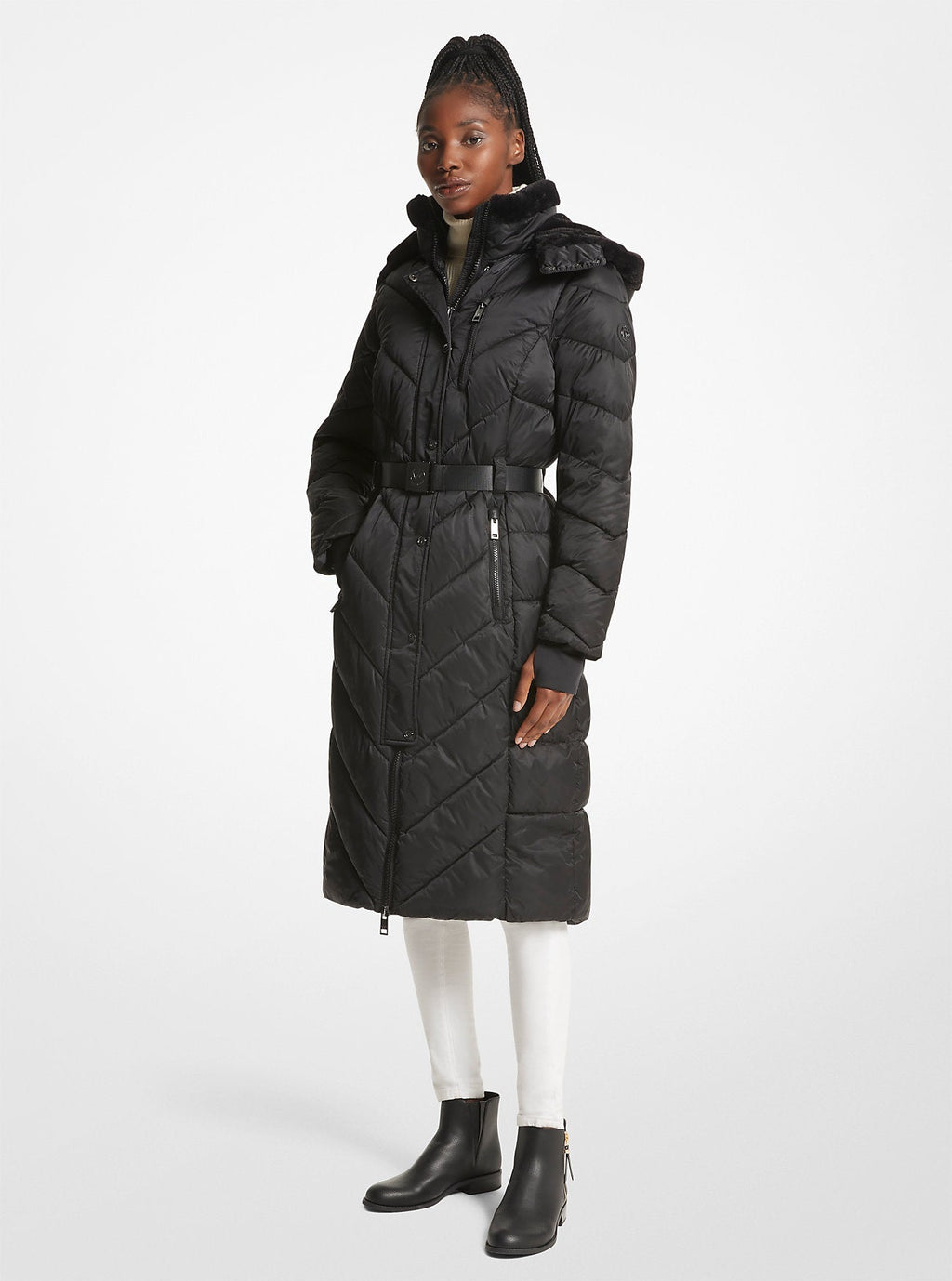 Faux Fur Trim Belted Puffer Coat