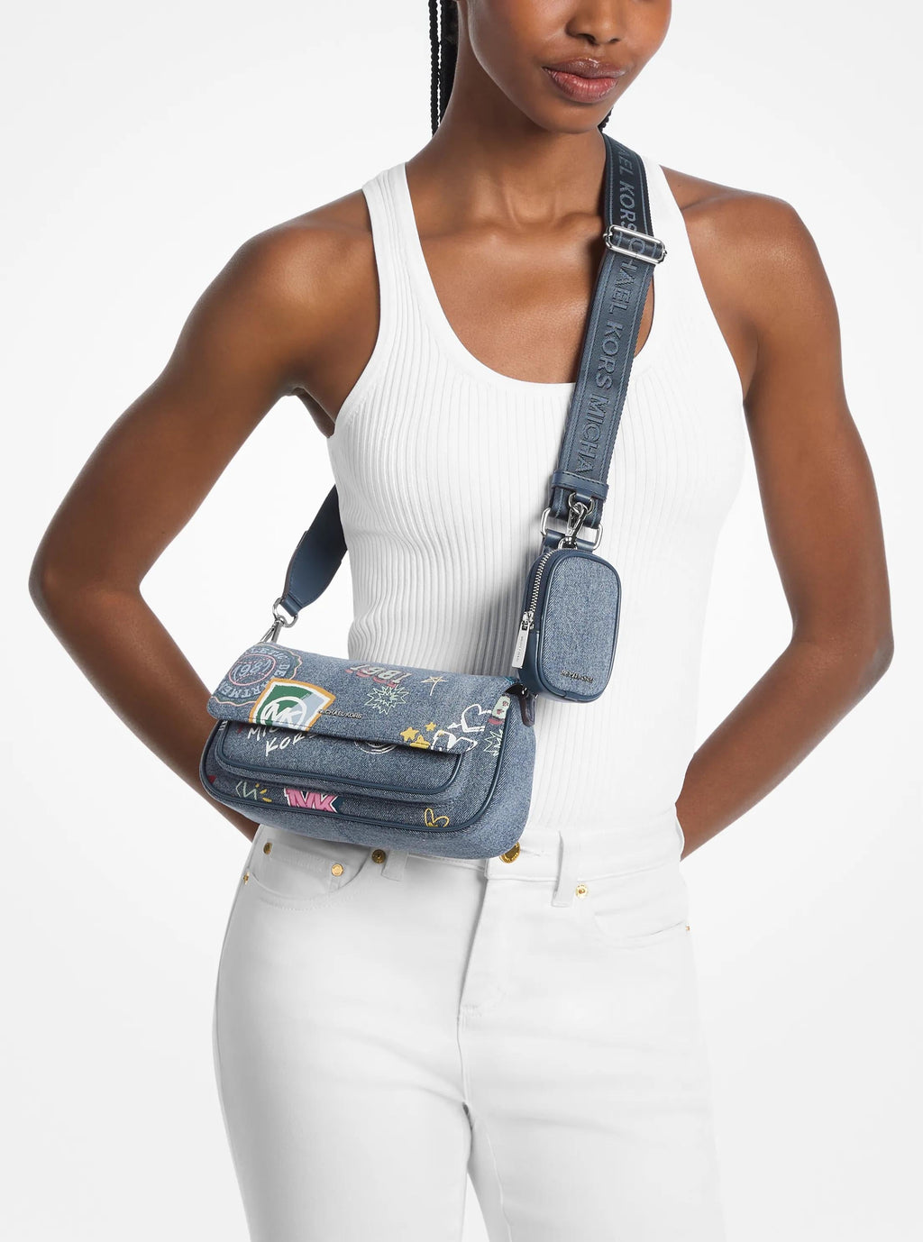 Jet Set Travel Small Embellished Denim Crossbody Bag With Pouch