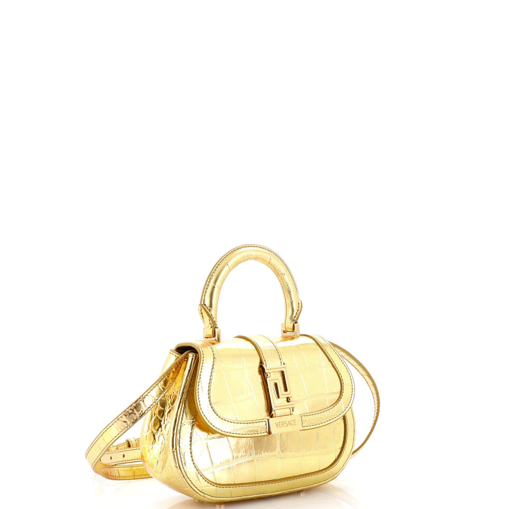 Greca Goddess Top Handle Bag Crocodile Embossed Leather Mini