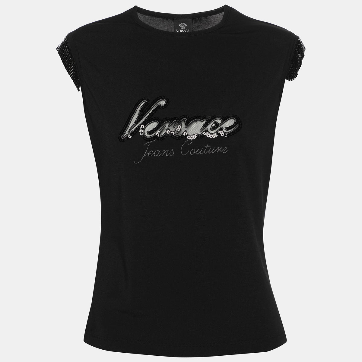 Versace Jeans Couture Vintage Black Logo Embroidered Jersey Sleeveless Top