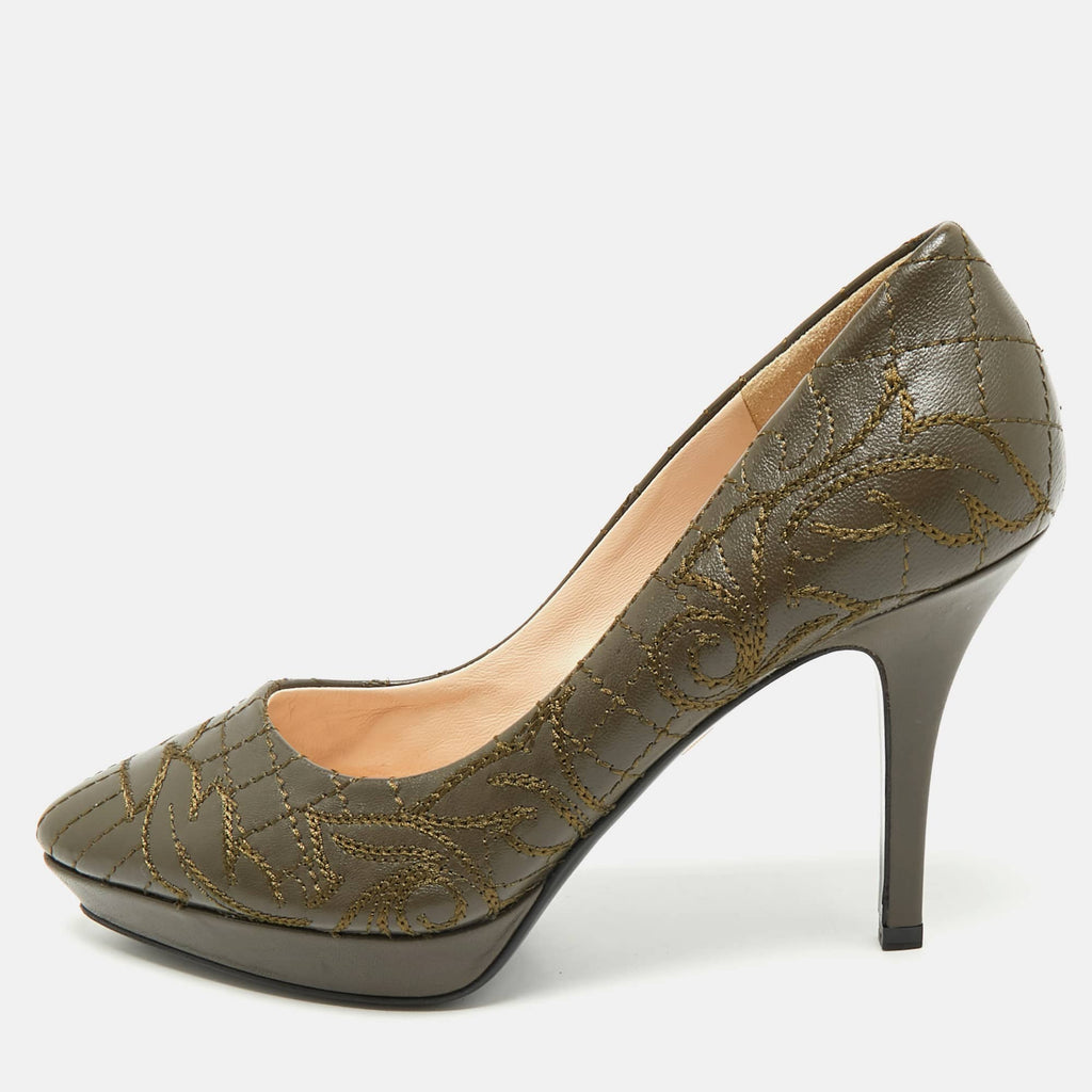 Versace Olive Brown Embroidered Leather Platform Pointed Toe Pumps