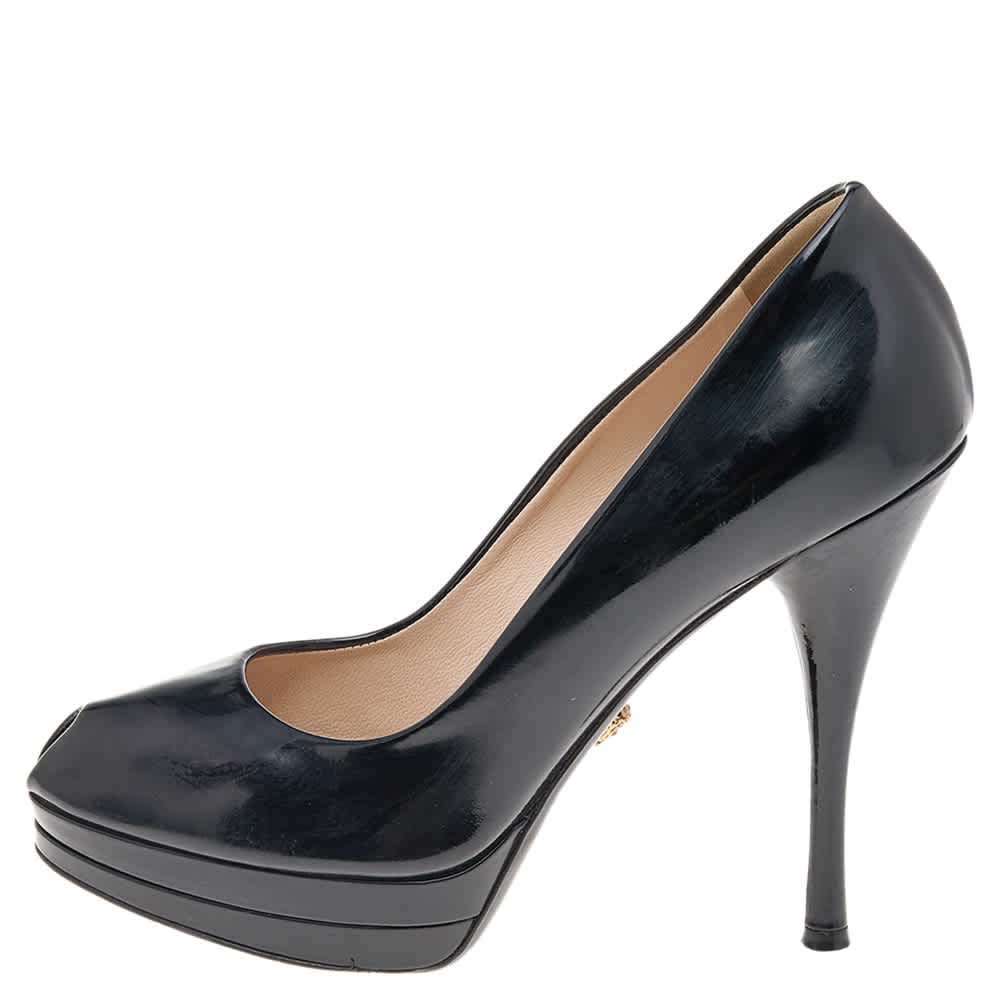 Versace Black Patent Leather Peep Toe Platform Pumps