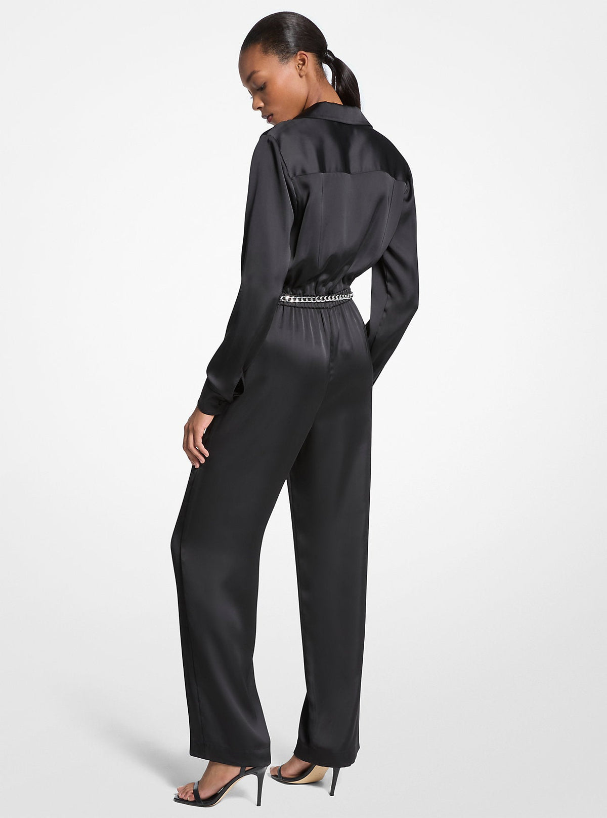 Satin Long Sleeve Belted Jumpsuit