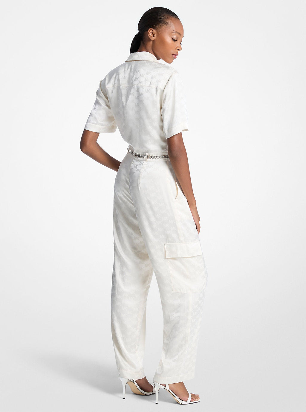 Logo Jacquard Satin Belted Jumpsuit