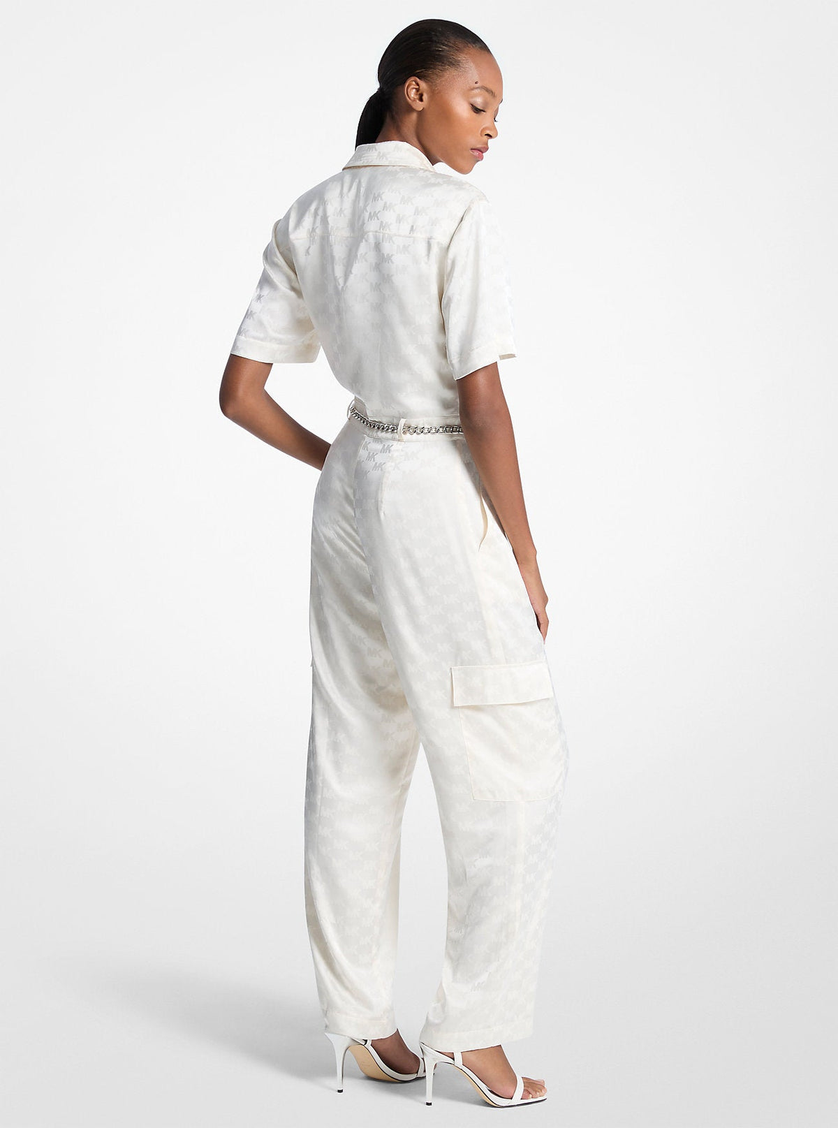 Logo Jacquard Satin Belted Jumpsuit