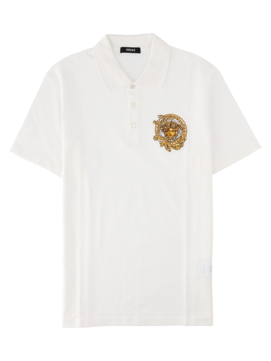White Ornate Emblem Cotton Polo Shirt