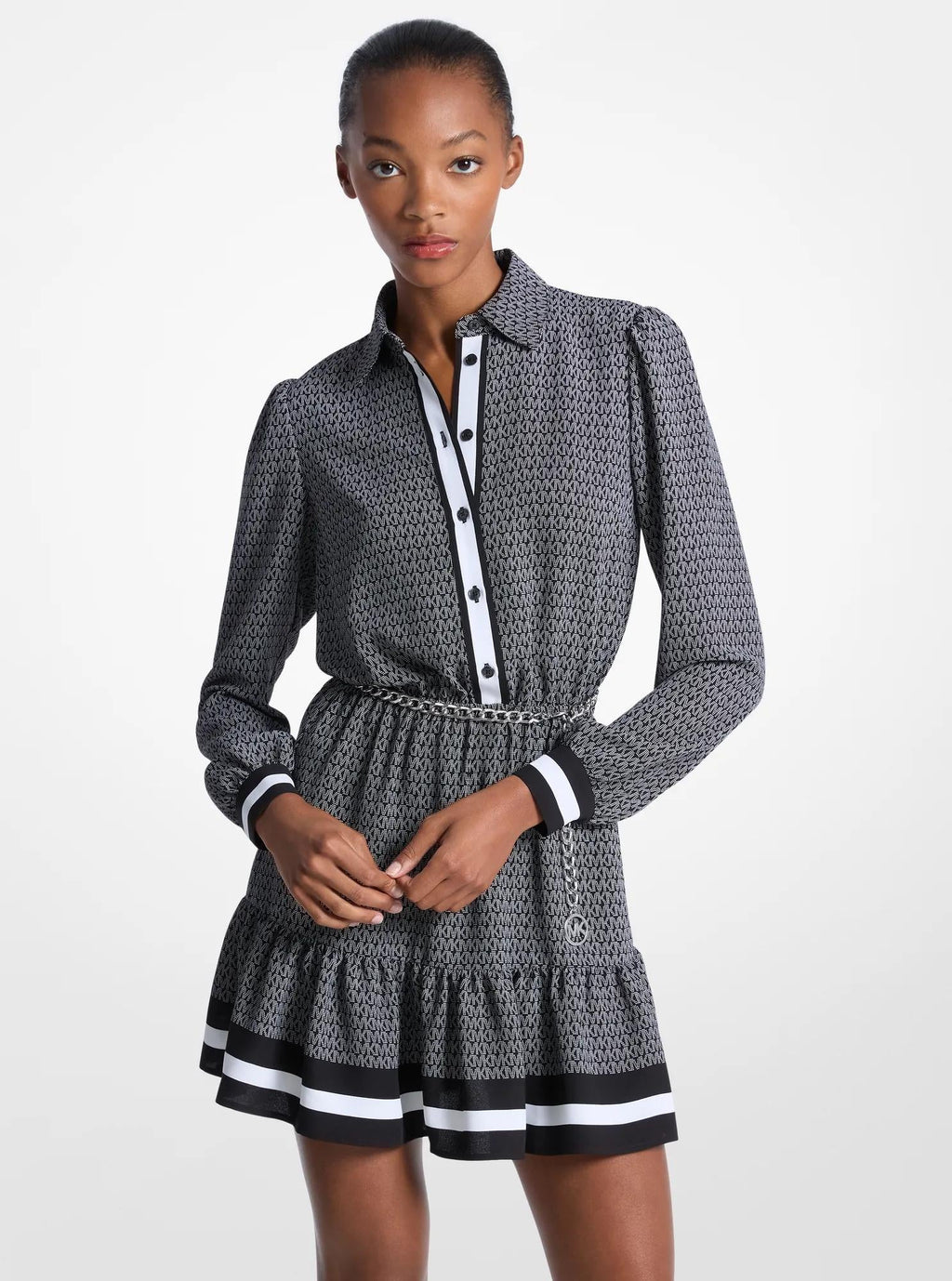 Logo Print Crepe Belted Mini Dress