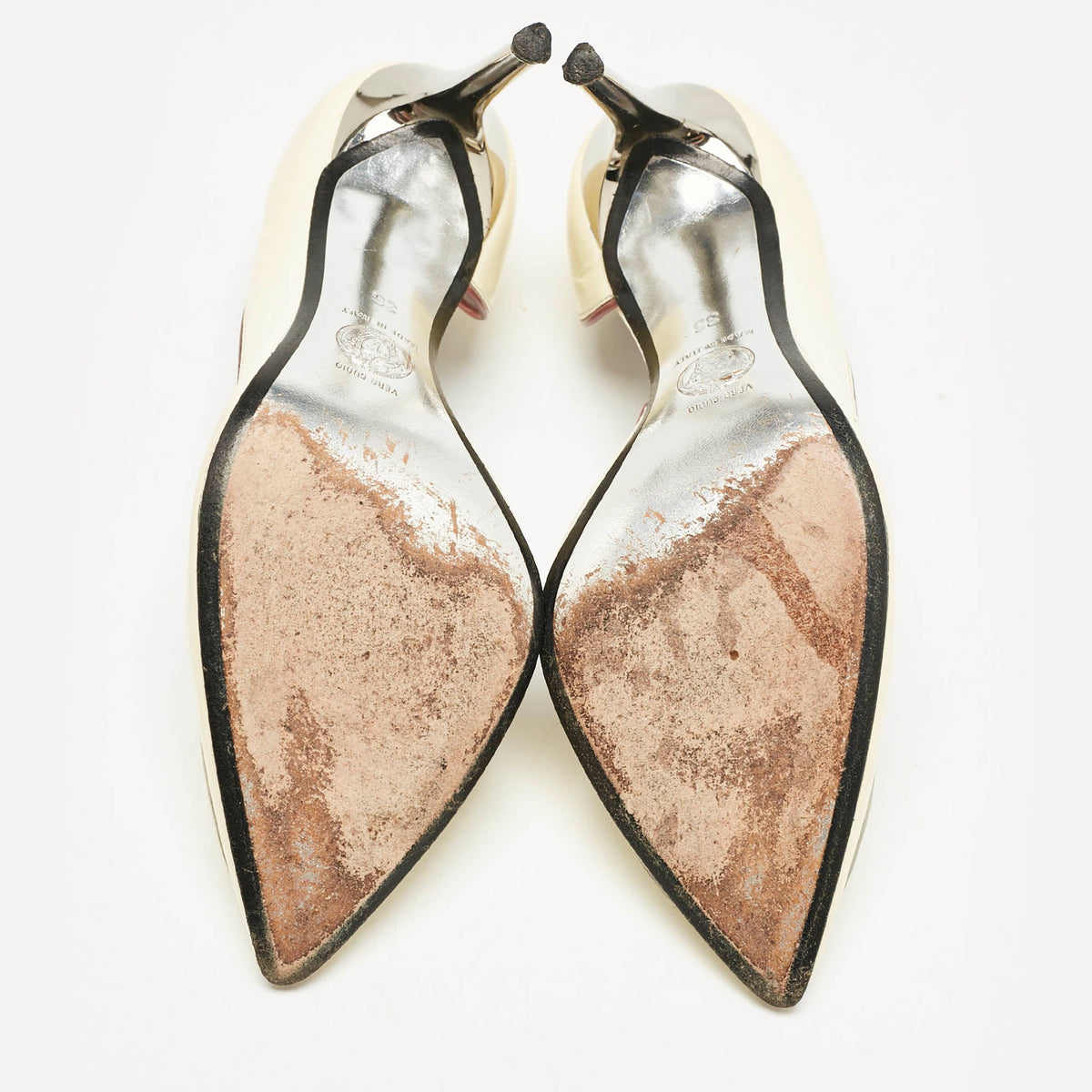 Versace Cream Patent Leather Medusa Pointed Toe D'orsay Pumps