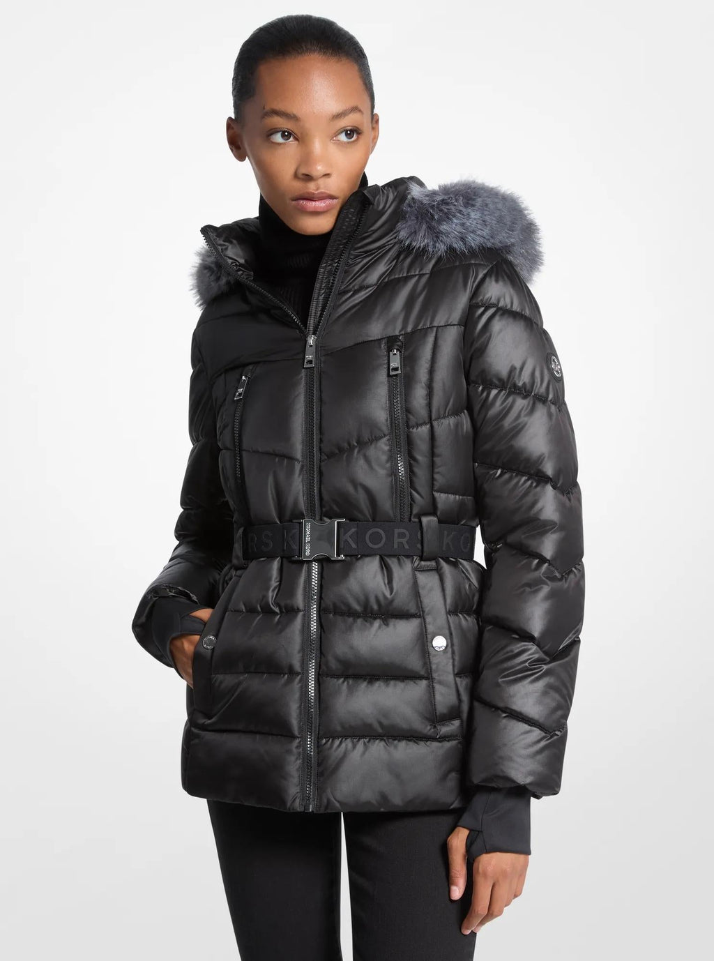 Faux Fur Trim Belted Puffer Jacket