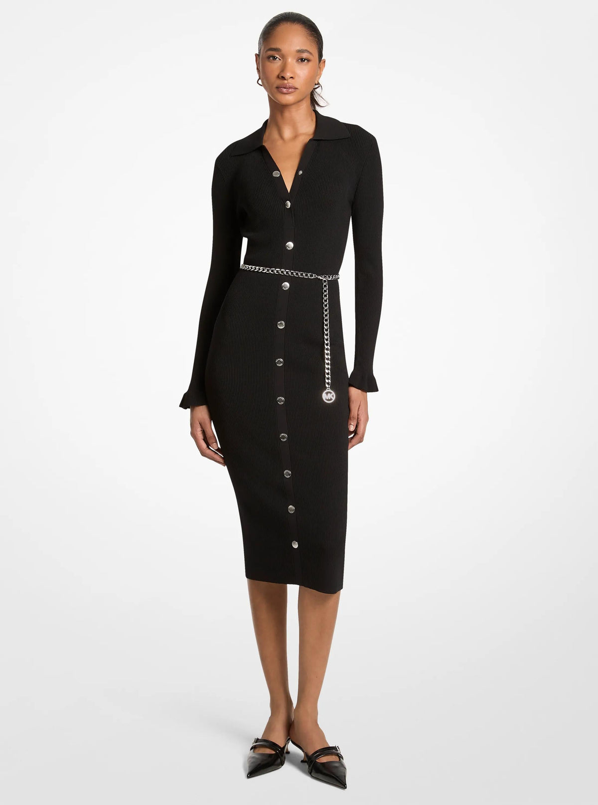 Stretch Knit Belted Midi Dress
